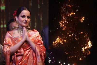 Kangana Ranaut in Red Traditional Banarasi Silk Saree Performs Ravan Dahan on Vijayadashami, See Pics From Ramlila Maidan Delhi