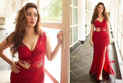 Tamannaah Bhatia Looks Hot in Bold Red Saree And Sexy Blouse